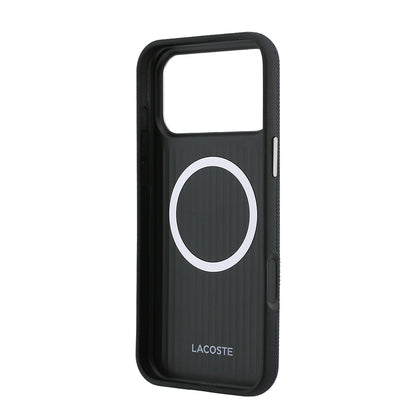 iPhone 17 Pro Max Kılıf Lacoste Orijinal Lisanslı M-Safe Şarj Özellikli PVC Yarı Pike Desenli Arka Yüzey İkonik Timsah Dokuma Logolu Kılıf