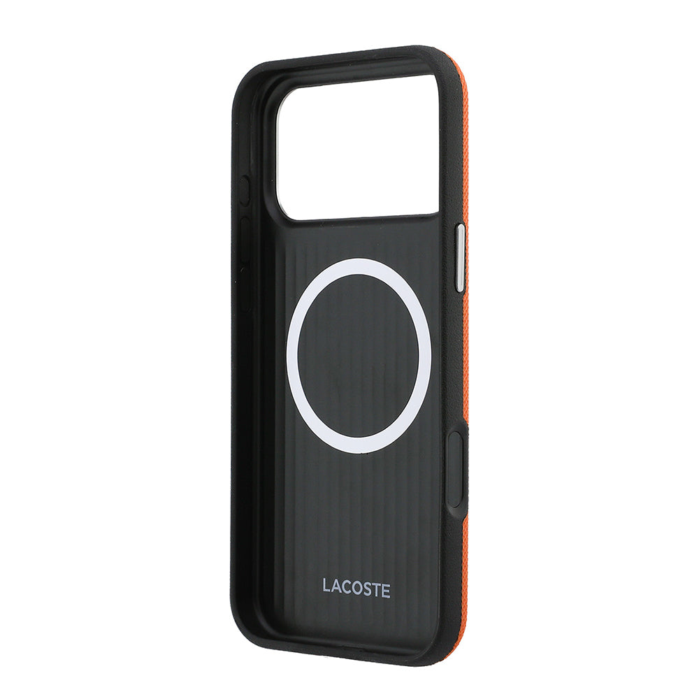 iPhone 17 Pro Max Kılıf Lacoste Orijinal Lisanslı M-Safe Şarj Özellikli PVC Yarı Pike Desenli Arka Yüzey İkonik Timsah Dokuma Logolu Kılıf