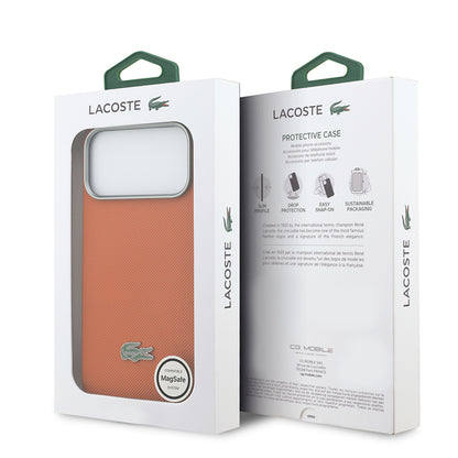 iPhone 17 Pro Max Kılıf Lacoste Orijinal Lisanslı M-Safe Şarj Özellikli PVC Yarı Pike Desenli Arka Yüzey İkonik Timsah Dokuma Logolu Kılıf