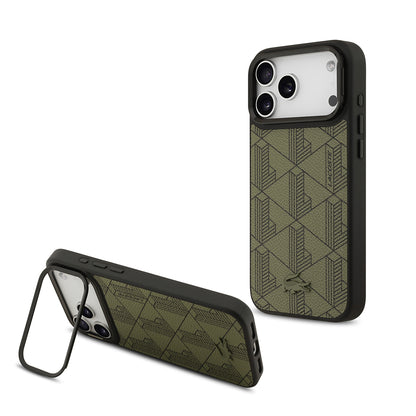 iPhone 17 Pro Max Kılıf Lacoste Orijinal Lisanslı M-safe Şarj Özellikli Standlı PU Deri Karışık Monogram Desenli Kılıf