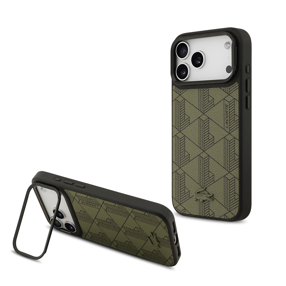 iPhone 17 Pro Max Kılıf Lacoste Orijinal Lisanslı M-safe Şarj Özellikli Standlı PU Deri Karışık Monogram Desenli Kılıf