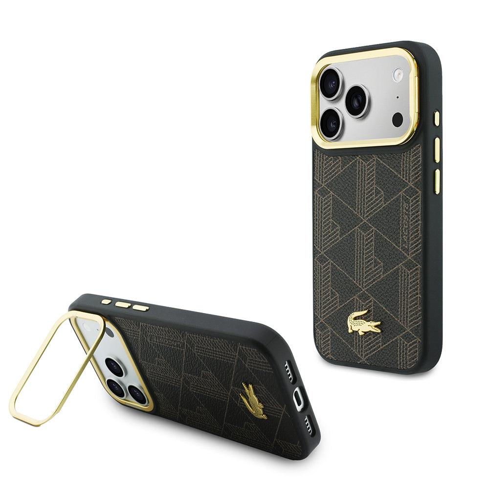 iPhone 17 Pro Max Kılıf Lacoste Orijinal Lisanslı M-safe Şarj Özellikli Standlı PU Deri Karışık Monogram Desenli Kılıf