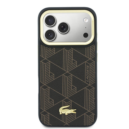 iPhone 17 Pro Max Kılıf Lacoste Orijinal Lisanslı M-safe Şarj Özellikli Standlı PU Deri Karışık Monogram Desenli Kılıf