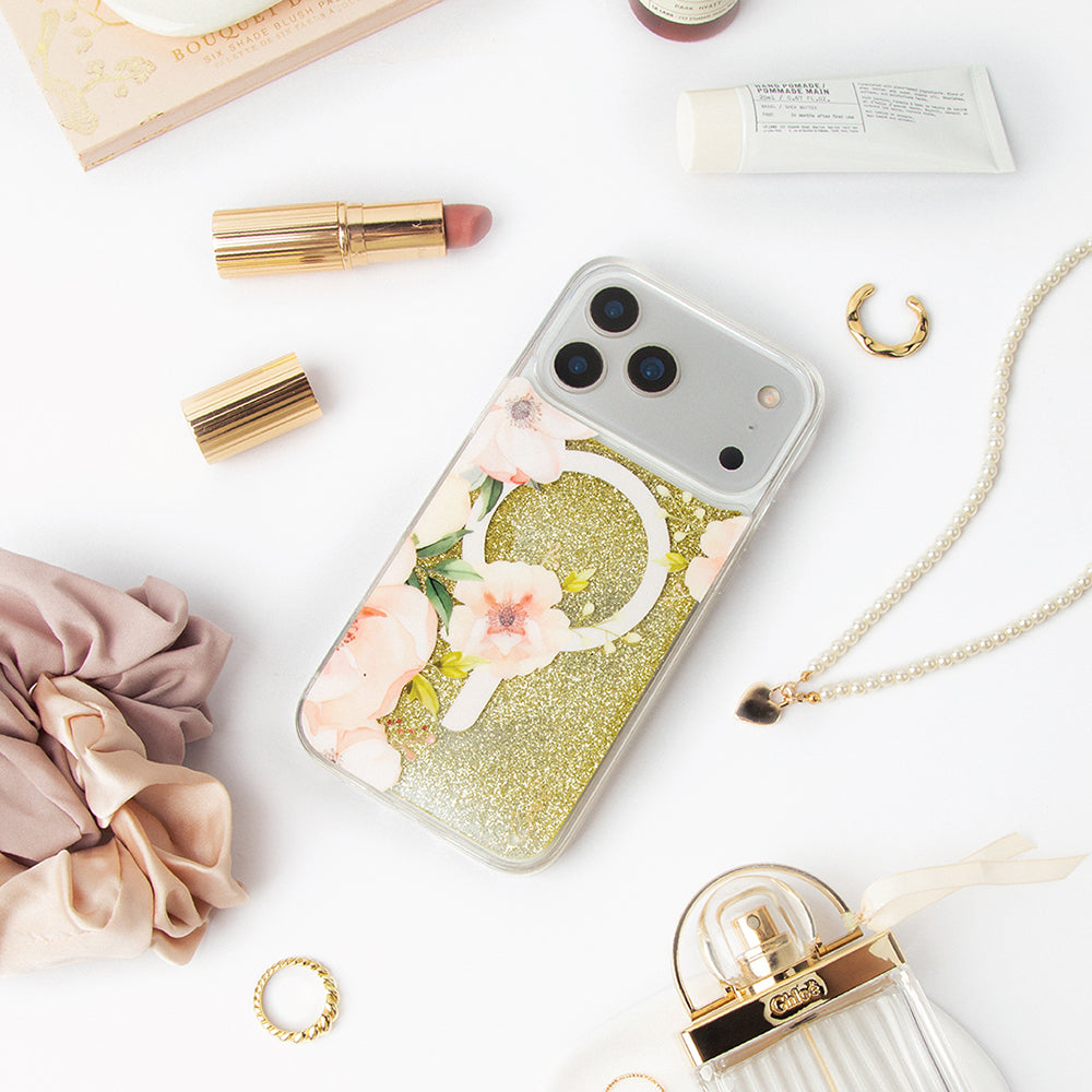 iPhone 17 Pro Max Kılıf M-safe Şarj Özellikli Çiçek Desenli Simli Arka Yüzey Coehl Fleurette Kılıf