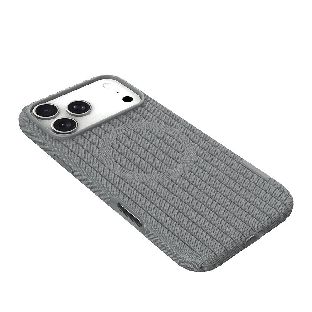 iPhone 17 Pro Max Kılıf M-Safe Şarj Özellikli Çizgi Desenli Kumaş Dokulu Zore Paris Lorin Kılıf