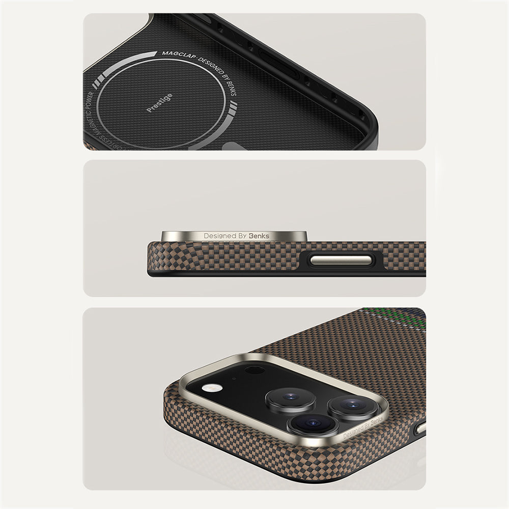 iPhone 17 Pro Max Kılıf M-safe Şarj Özellikli Karbon Fiber Tasarımlı Benks Prestige ArmorPro Kevlar Kılıf