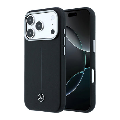 iPhone 17 Pro Max Kılıf Mercedes Benz Orijinal Lisanslı M-safe Şarj Özellikli Metal Yıldız Logolu Çizgili Deri Kılıf