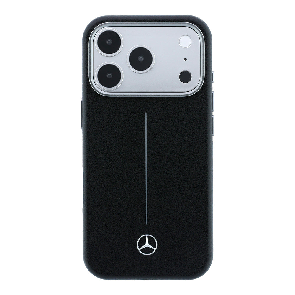 iPhone 17 Pro Max Kılıf Mercedes Benz Orijinal Lisanslı M-safe Şarj Özellikli Metal Yıldız Logolu Çizgili Deri Kılıf