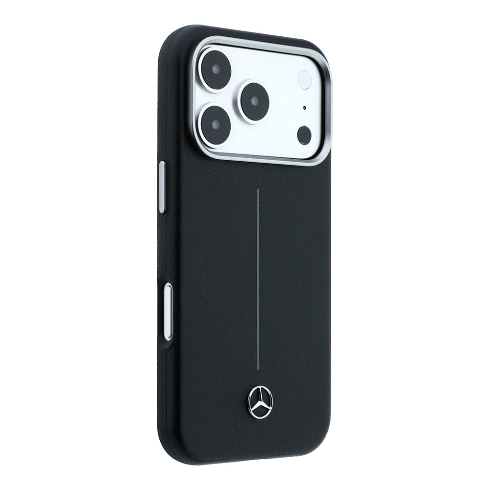 iPhone 17 Pro Max Kılıf Mercedes Benz Orijinal Lisanslı M-safe Şarj Özellikli Metal Yıldız Logolu Çizgili Deri Kılıf