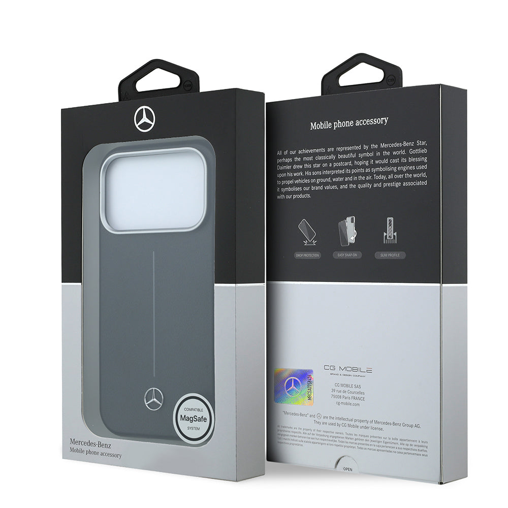 iPhone 17 Pro Max Kılıf Mercedes Benz Orijinal Lisanslı M-safe Şarj Özellikli Metal Yıldız Logolu Çizgili Deri Kılıf