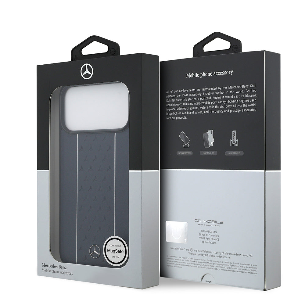 iPhone 17 Pro Max Kılıf Mercedes Benz Orijinal Lisanslı M-safe Şarj Özellikli Şeritli Yıldız Desenli Metal Logolu Deri Kılıf