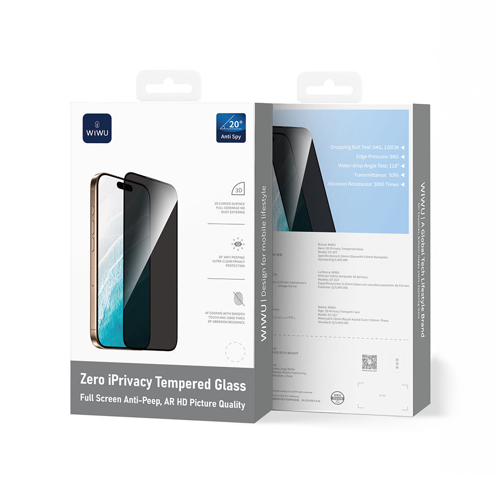 iPhone 17 Pro Wiwu GT-027 Zero Curved Privacy Parmak İzi Bırakmayan Temperli Cam Ekran Koruyucu