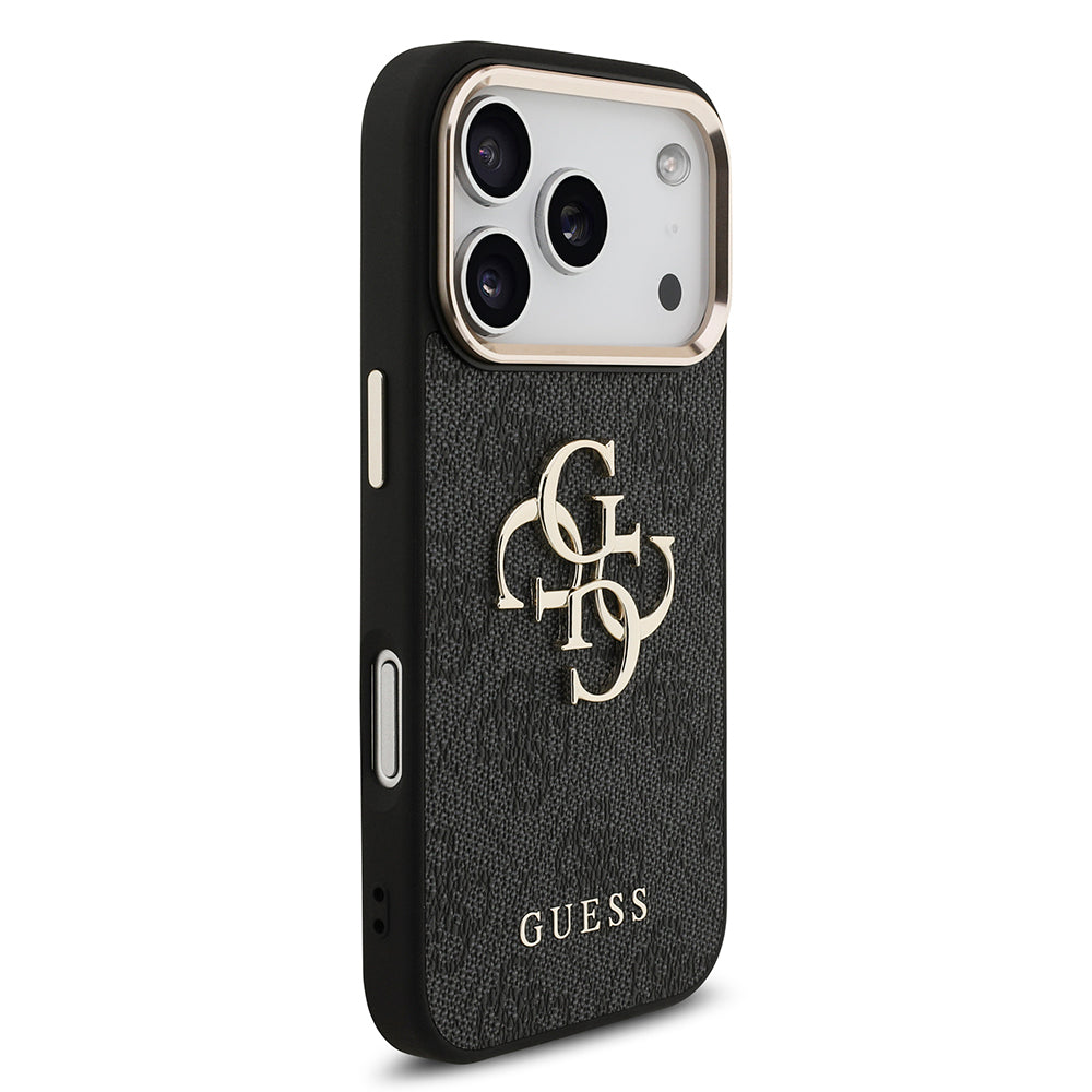 iPhone 18 Pro Kılıf Guess Orijinal Lisanslı Gold Metal Kamera Çerçeveli 4G Desenli Metal Büyük 4G ve Yazı Logolu Kılıf