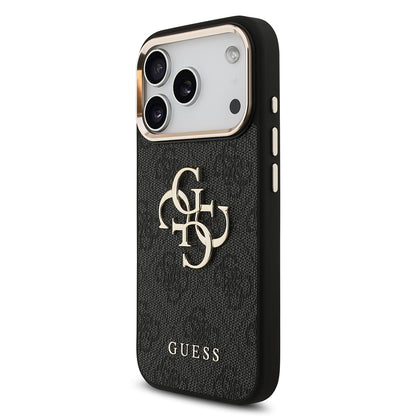 iPhone 18 Pro Kılıf Guess Orijinal Lisanslı Gold Metal Kamera Çerçeveli 4G Desenli Metal Büyük 4G ve Yazı Logolu Kılıf