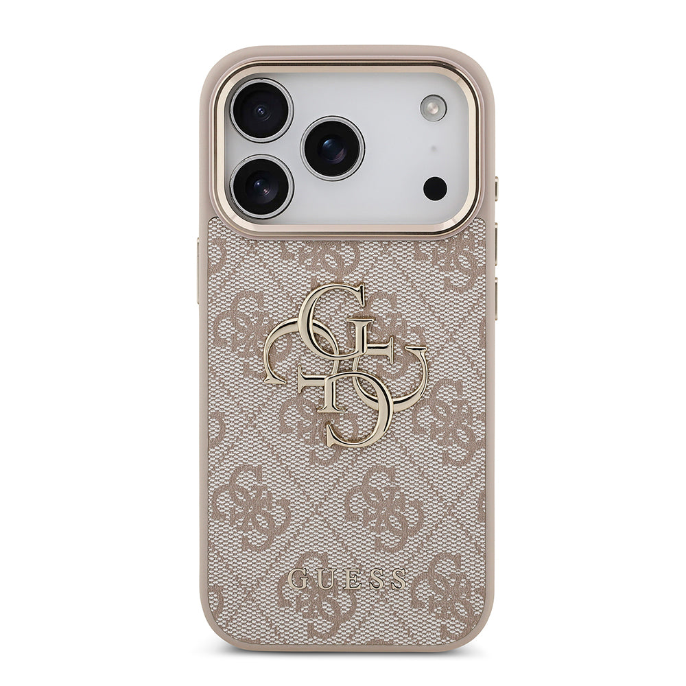 iPhone 18 Pro Kılıf Guess Orijinal Lisanslı Gold Metal Kamera Çerçeveli 4G Desenli Metal Büyük 4G ve Yazı Logolu Kılıf