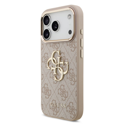 iPhone 18 Pro Kılıf Guess Orijinal Lisanslı Gold Metal Kamera Çerçeveli 4G Desenli Metal Büyük 4G ve Yazı Logolu Kılıf