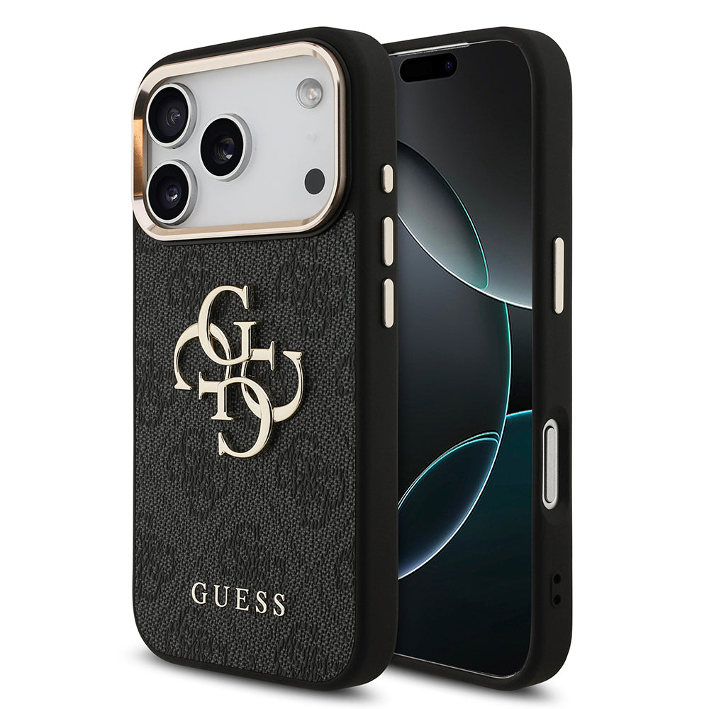 iPhone 18 Pro Kılıf Guess Orijinal Lisanslı Gold Metal Kamera Çerçeveli 4G Desenli Metal Büyük 4G ve Yazı Logolu Kılıf