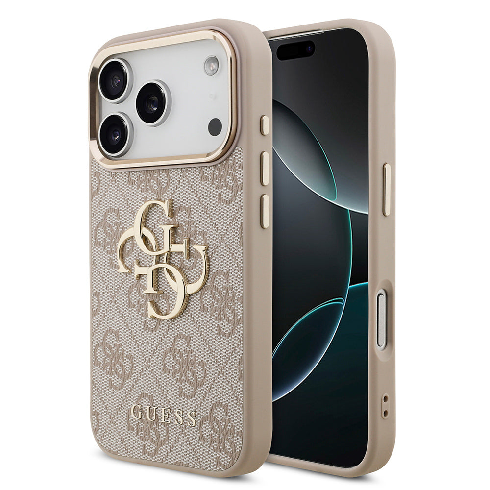 iPhone 18 Pro Kılıf Guess Orijinal Lisanslı Gold Metal Kamera Çerçeveli 4G Desenli Metal Büyük 4G ve Yazı Logolu Kılıf