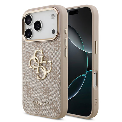iPhone 18 Pro Kılıf Guess Orijinal Lisanslı Gold Metal Kamera Çerçeveli 4G Desenli Metal Büyük 4G ve Yazı Logolu Kılıf