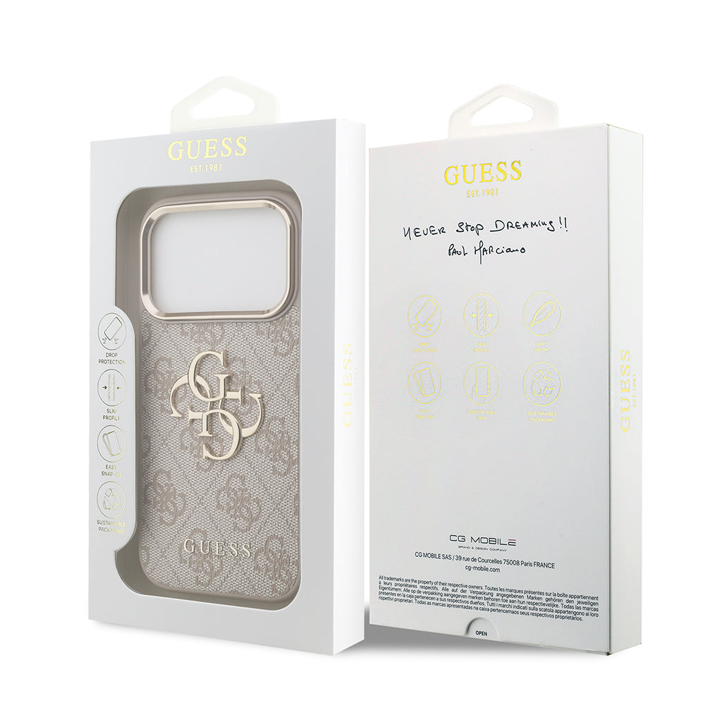 iPhone 18 Pro Kılıf Guess Orijinal Lisanslı Gold Metal Kamera Çerçeveli 4G Desenli Metal Büyük 4G ve Yazı Logolu Kılıf