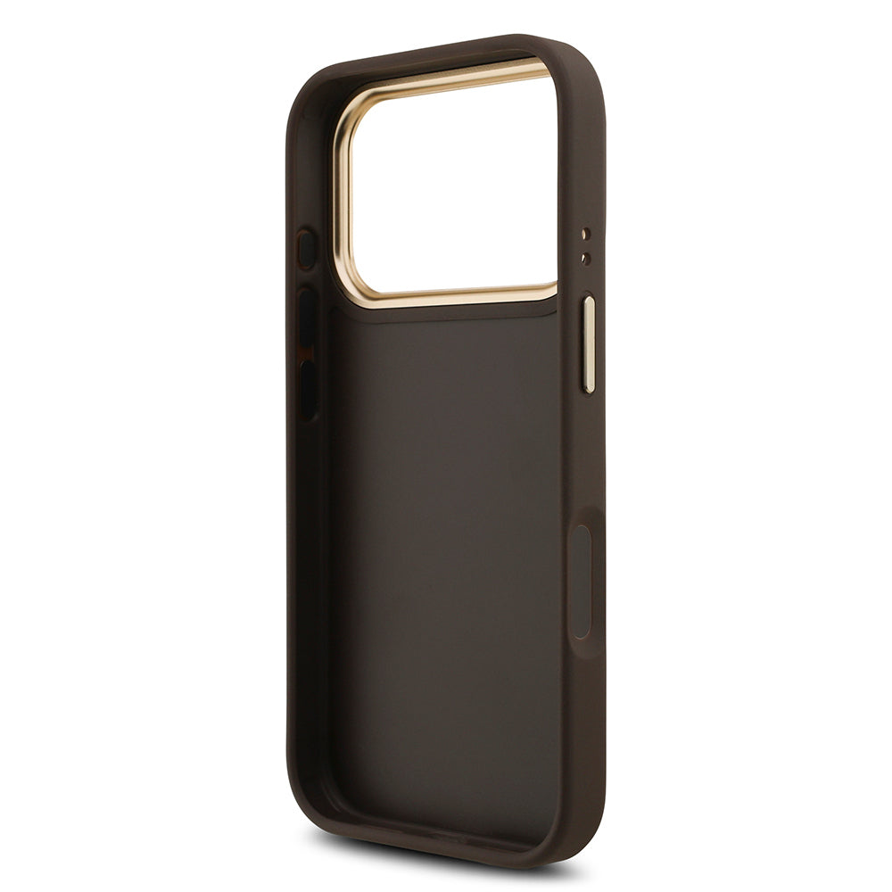 iPhone 18 Pro Kılıf Guess Orijinal Lisanslı Gold Metal Kamera Çerçeveli 4G Desenli Metal Büyük 4G ve Yazı Logolu Kılıf