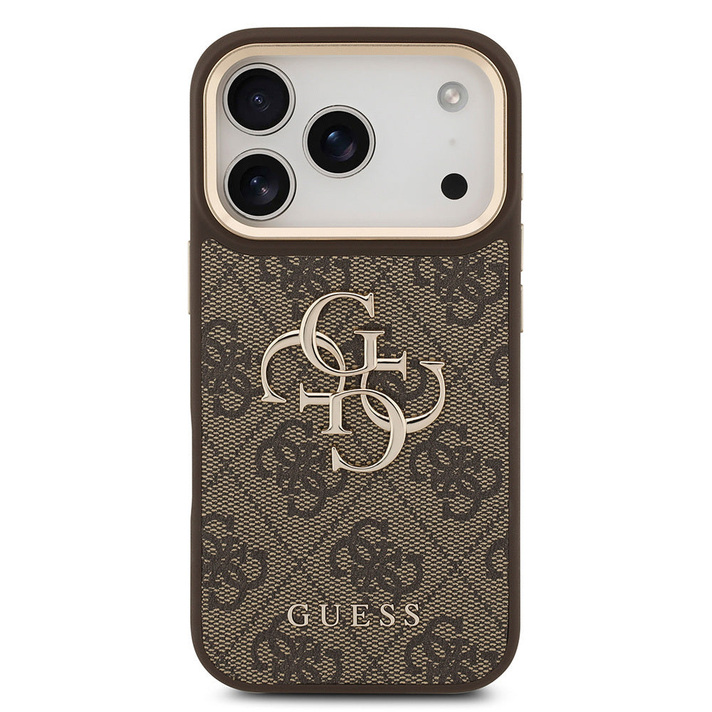 iPhone 18 Pro Kılıf Guess Orijinal Lisanslı Gold Metal Kamera Çerçeveli 4G Desenli Metal Büyük 4G ve Yazı Logolu Kılıf