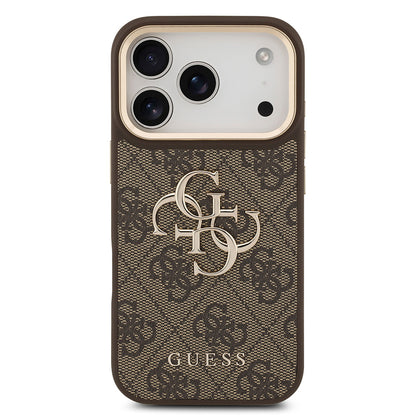 iPhone 18 Pro Kılıf Guess Orijinal Lisanslı Gold Metal Kamera Çerçeveli 4G Desenli Metal Büyük 4G ve Yazı Logolu Kılıf