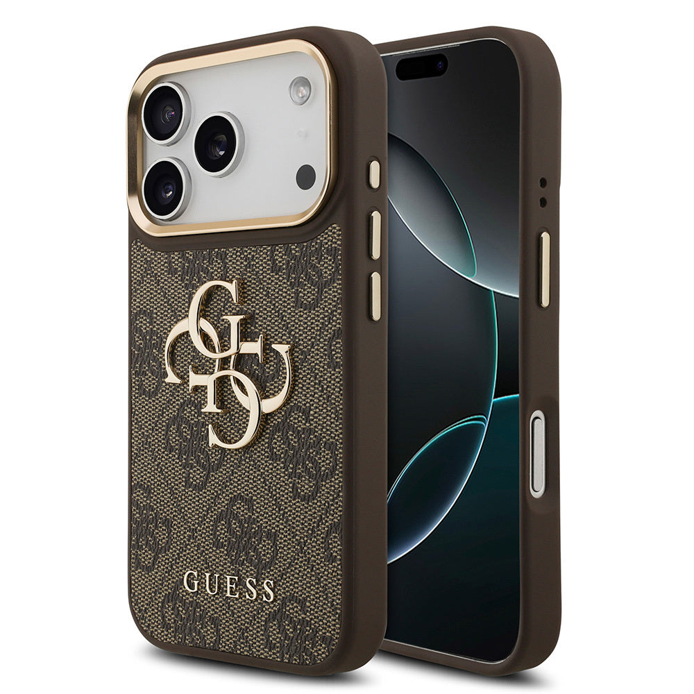 iPhone 18 Pro Kılıf Guess Orijinal Lisanslı Gold Metal Kamera Çerçeveli 4G Desenli Metal Büyük 4G ve Yazı Logolu Kılıf
