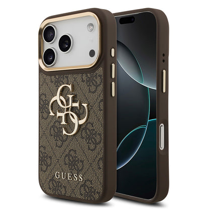 iPhone 18 Pro Kılıf Guess Orijinal Lisanslı Gold Metal Kamera Çerçeveli 4G Desenli Metal Büyük 4G ve Yazı Logolu Kılıf