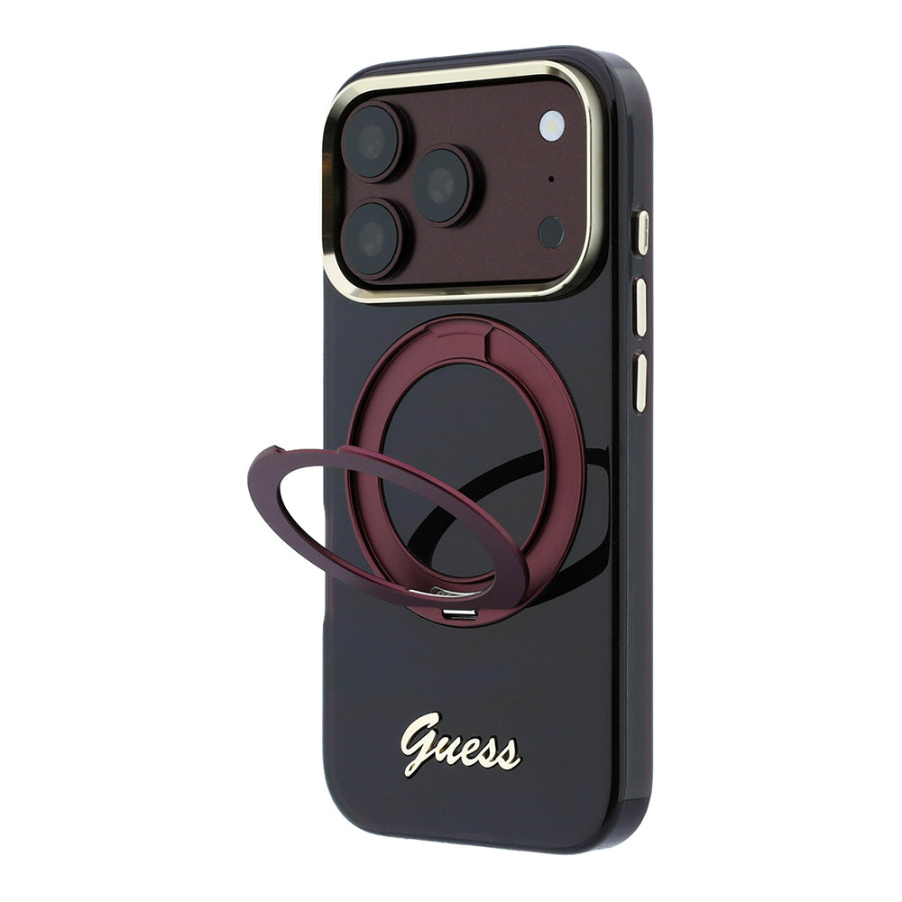 iPhone 18 Pro Kılıf Guess Orijinal Lisanslı M-safe Şarj Özellikli 360 Derece Dönebilen Standlı Metal Yazı Logolu Silikon Kılıf