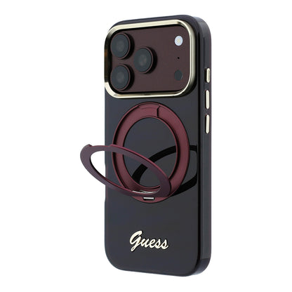 iPhone 18 Pro Kılıf Guess Orijinal Lisanslı M-safe Şarj Özellikli 360 Derece Dönebilen Standlı Metal Yazı Logolu Silikon Kılıf