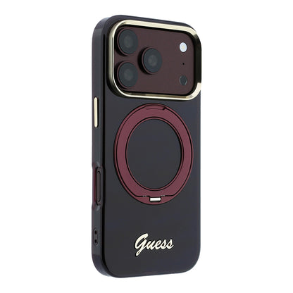 iPhone 18 Pro Kılıf Guess Orijinal Lisanslı M-safe Şarj Özellikli 360 Derece Dönebilen Standlı Metal Yazı Logolu Silikon Kılıf