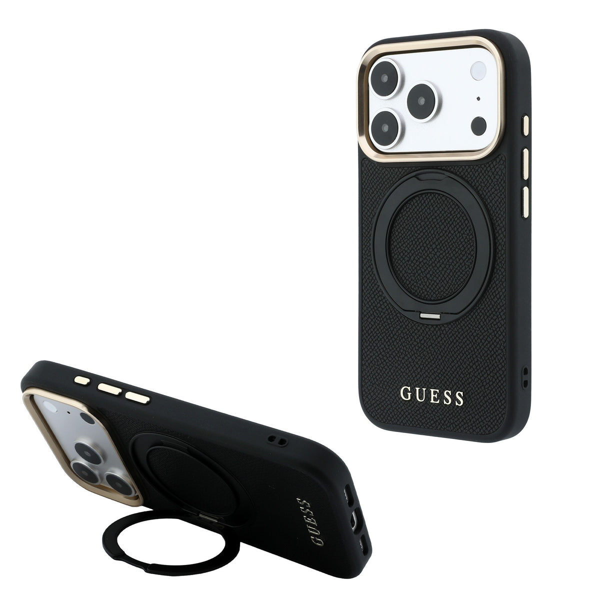 iPhone 18 Pro Kılıf Guess Orijinal Lisanslı M-safe Şarj Özellikli 360 Derece Dönebilen Standlı PU Metal Yazı Logolu Kılıf