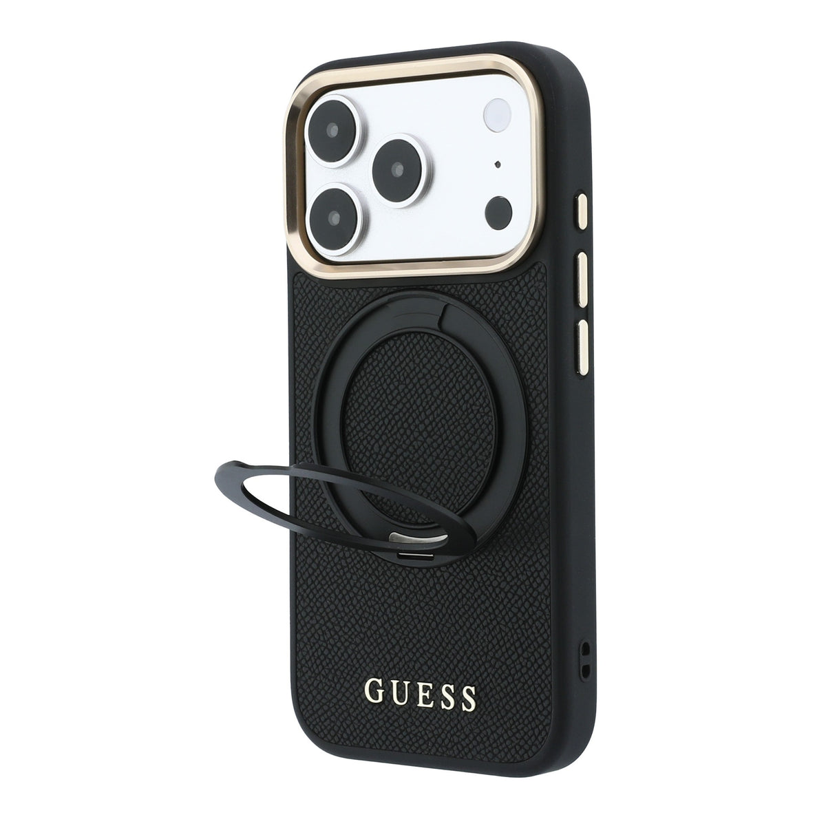 iPhone 18 Pro Kılıf Guess Orijinal Lisanslı M-safe Şarj Özellikli 360 Derece Dönebilen Standlı PU Metal Yazı Logolu Kılıf