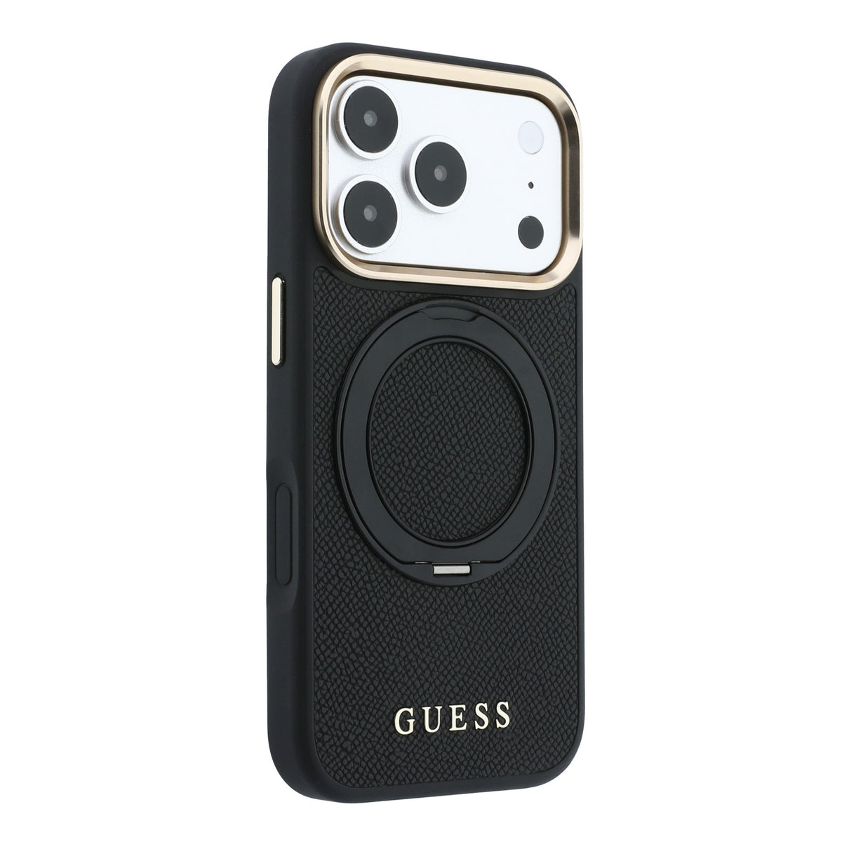 iPhone 18 Pro Kılıf Guess Orijinal Lisanslı M-safe Şarj Özellikli 360 Derece Dönebilen Standlı PU Metal Yazı Logolu Kılıf