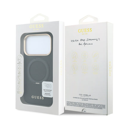 iPhone 18 Pro Kılıf Guess Orijinal Lisanslı M-safe Şarj Özellikli 360 Derece Dönebilen Standlı PU Metal Yazı Logolu Kılıf