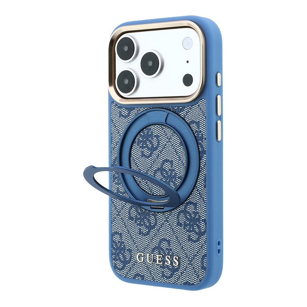 iPhone 18 Pro Kılıf Guess Orijinal Lisanslı M-safe Şarj Özellikli 4G Desenli 360 Derece Dönebilen Standlı Metal Yazı Logolu Kılıf