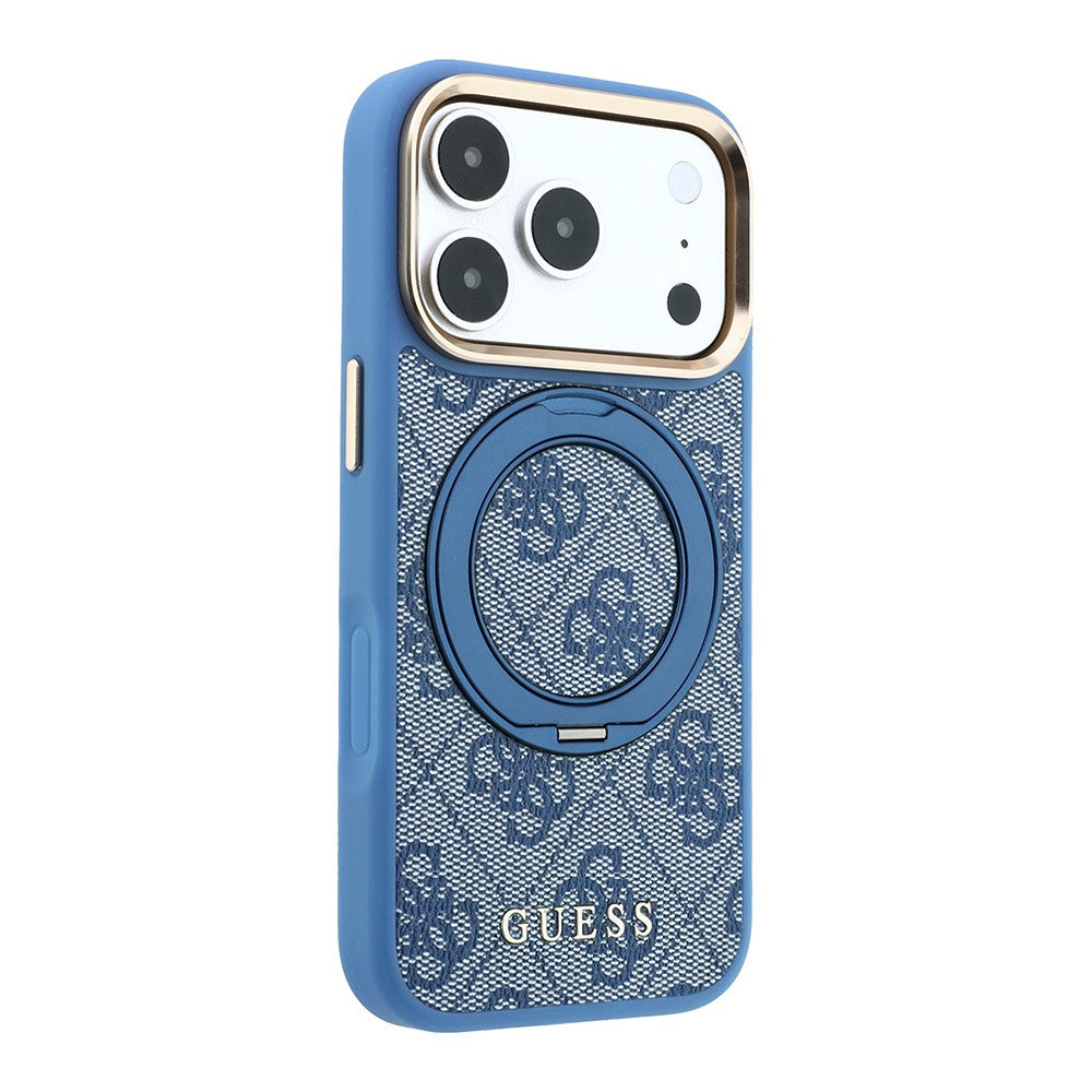 iPhone 18 Pro Kılıf Guess Orijinal Lisanslı M-safe Şarj Özellikli 4G Desenli 360 Derece Dönebilen Standlı Metal Yazı Logolu Kılıf