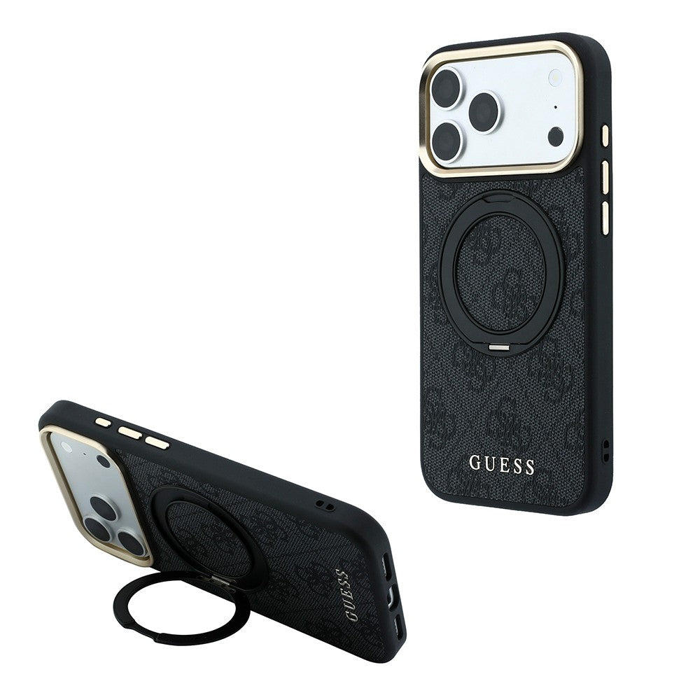 iPhone 18 Pro Kılıf Guess Orijinal Lisanslı M-safe Şarj Özellikli 4G Desenli 360 Derece Dönebilen Standlı Metal Yazı Logolu Kılıf