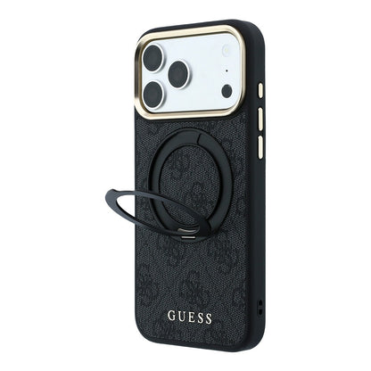 iPhone 18 Pro Kılıf Guess Orijinal Lisanslı M-safe Şarj Özellikli 4G Desenli 360 Derece Dönebilen Standlı Metal Yazı Logolu Kılıf