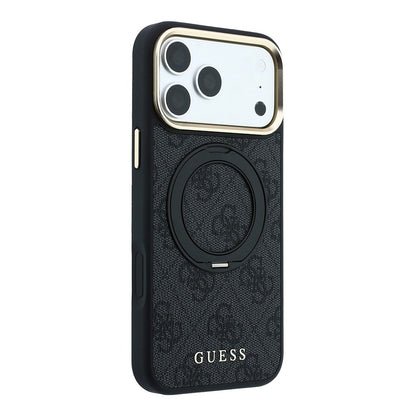 iPhone 18 Pro Kılıf Guess Orijinal Lisanslı M-safe Şarj Özellikli 4G Desenli 360 Derece Dönebilen Standlı Metal Yazı Logolu Kılıf