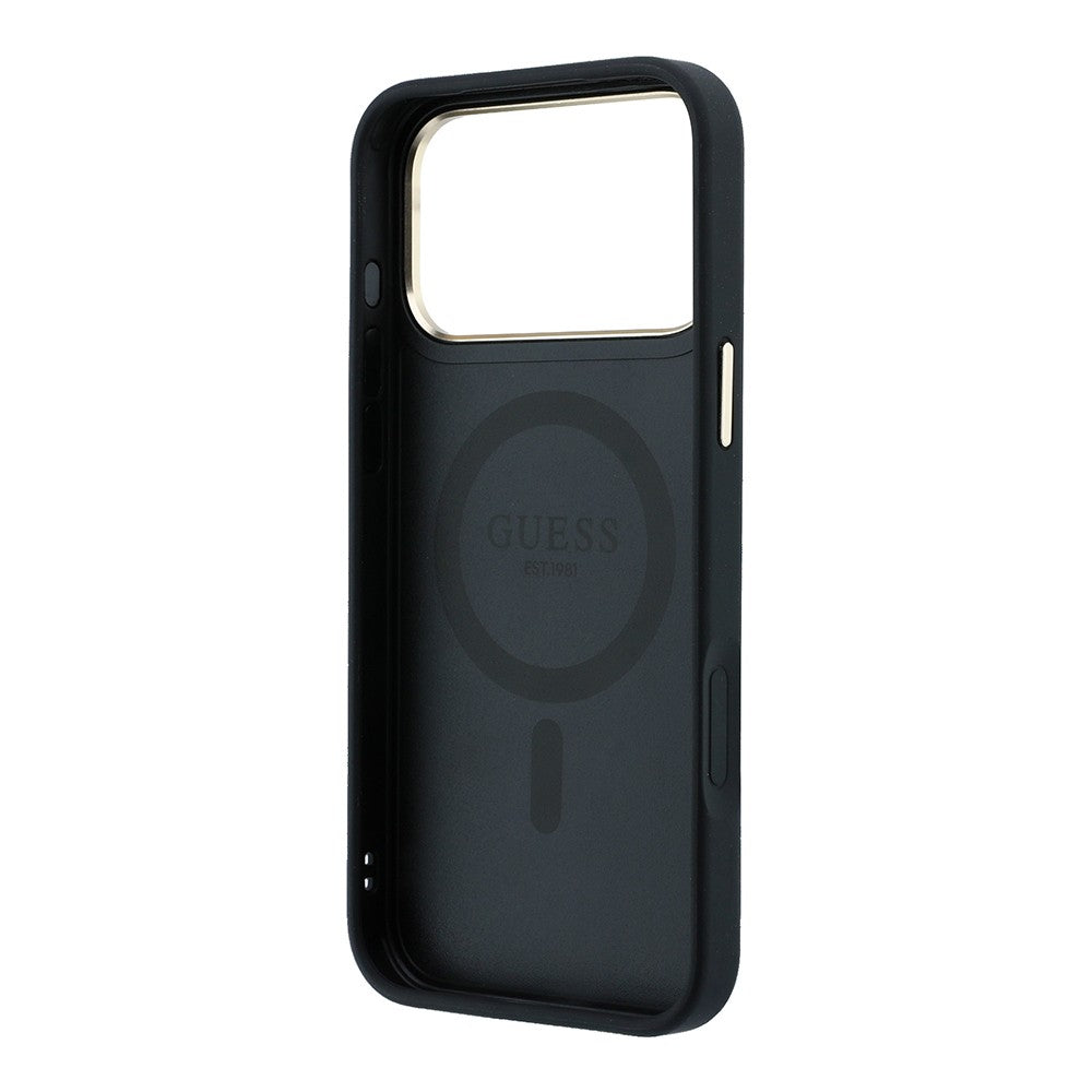 iPhone 18 Pro Kılıf Guess Orijinal Lisanslı M-safe Şarj Özellikli 4G Desenli 360 Derece Dönebilen Standlı Metal Yazı Logolu Kılıf