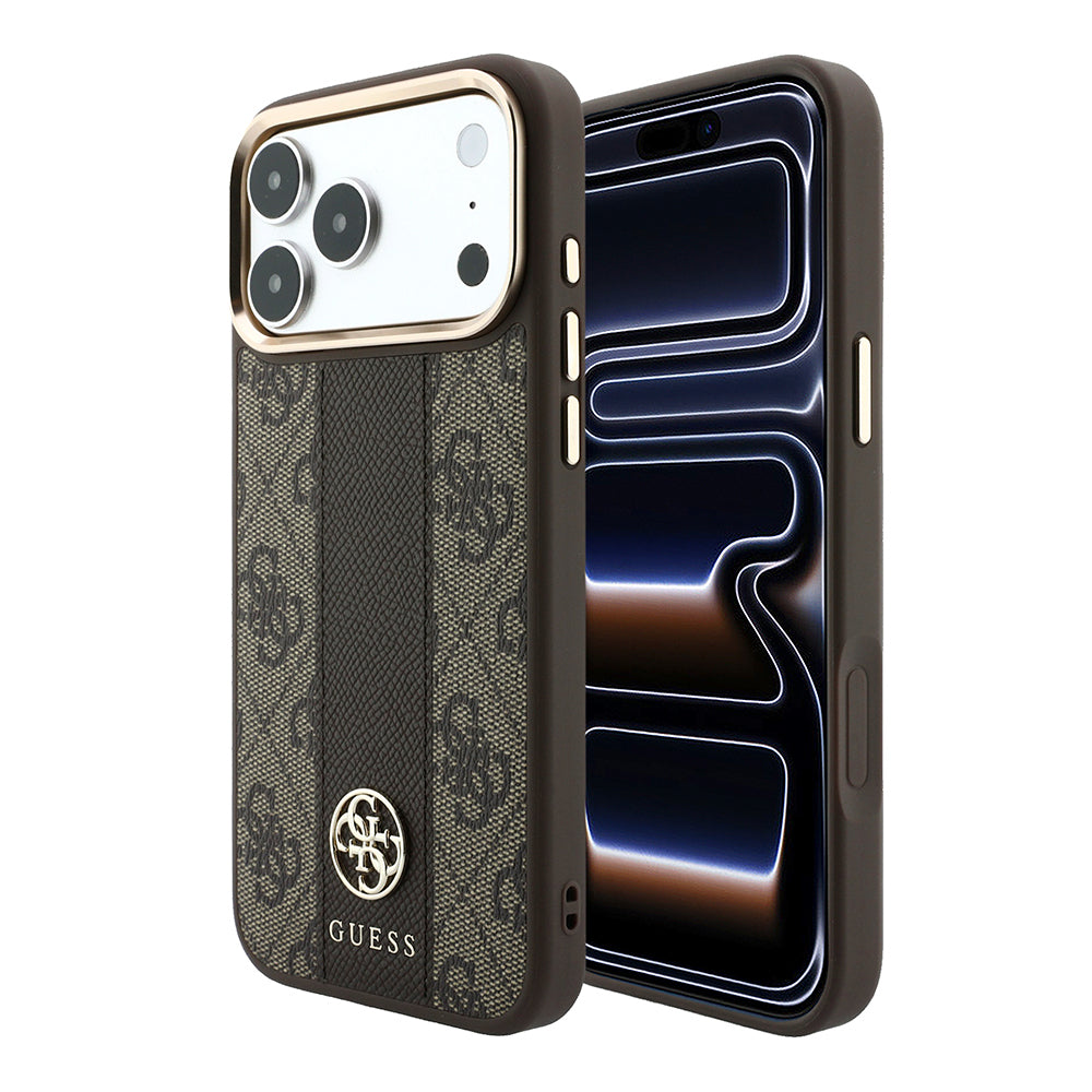 iPhone 18 Pro Kılıf Guess Orijinal Lisanslı M-safe Şarj Özellikli Deri 4G Desenli Şeritli Yazı Logolu Kılıf