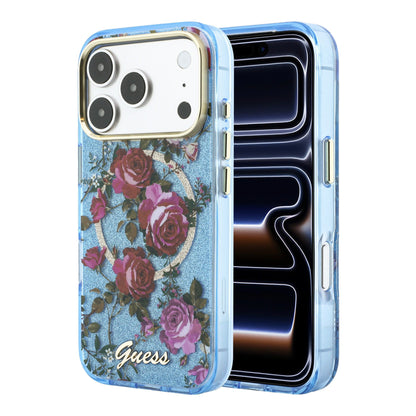 iPhone 18 Pro Kılıf Guess Orijinal Lisanslı M-safe Şarj Özellikli Gül Desenli Simli Yazı Logolu Kılıf
