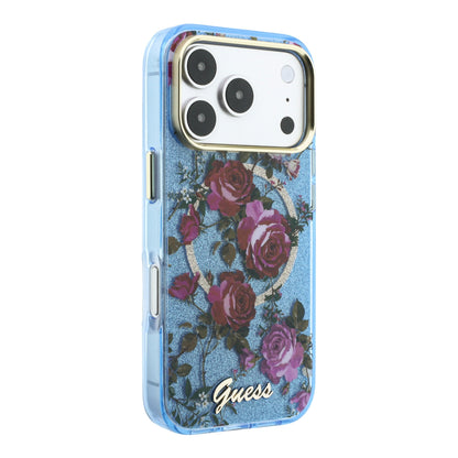 iPhone 18 Pro Kılıf Guess Orijinal Lisanslı M-safe Şarj Özellikli Gül Desenli Simli Yazı Logolu Kılıf