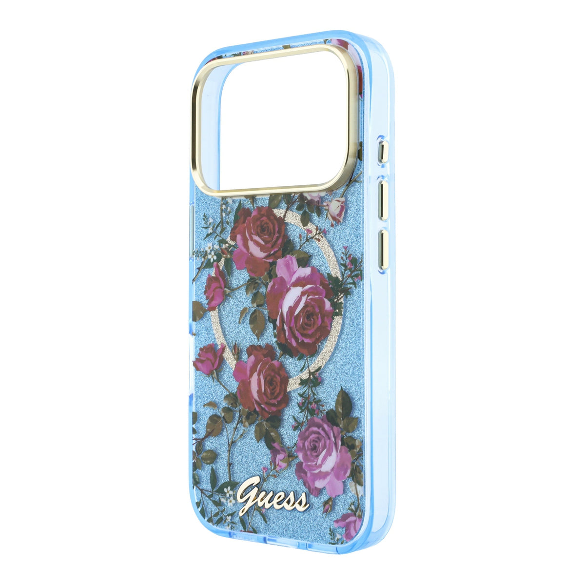 iPhone 18 Pro Kılıf Guess Orijinal Lisanslı M-safe Şarj Özellikli Gül Desenli Simli Yazı Logolu Kılıf