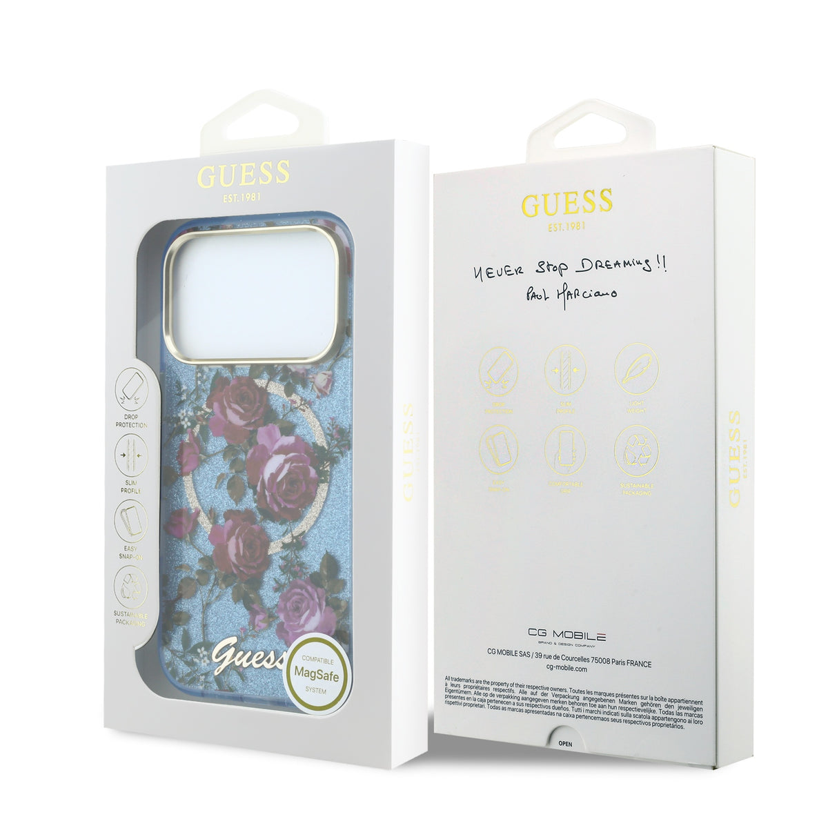 iPhone 18 Pro Kılıf Guess Orijinal Lisanslı M-safe Şarj Özellikli Gül Desenli Simli Yazı Logolu Kılıf