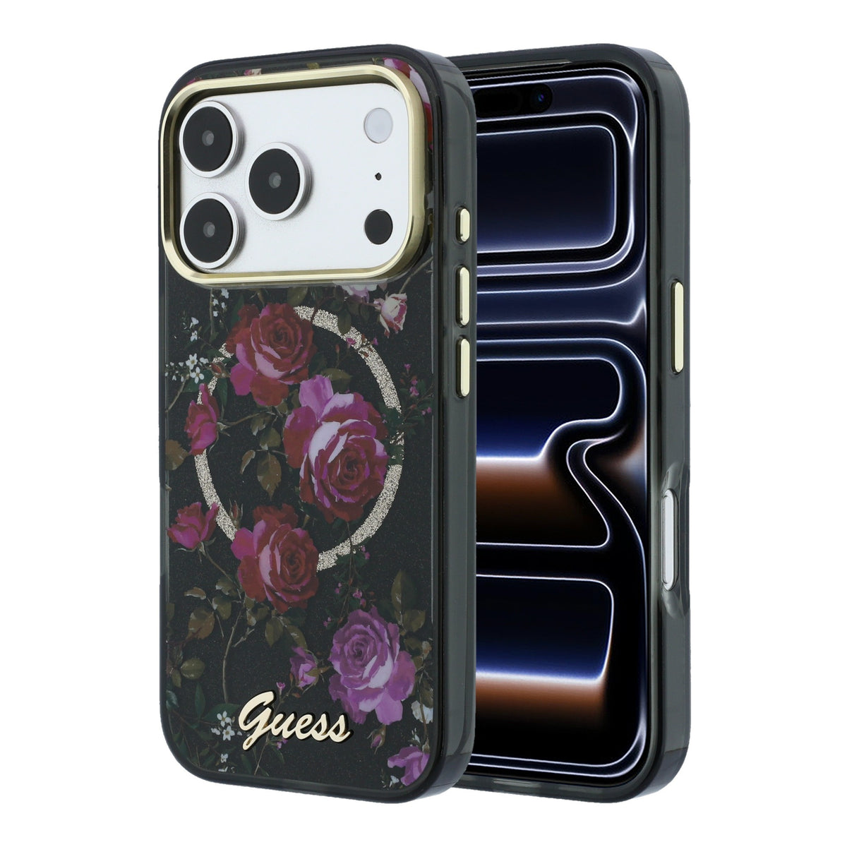 iPhone 18 Pro Kılıf Guess Orijinal Lisanslı M-safe Şarj Özellikli Gül Desenli Simli Yazı Logolu Kılıf