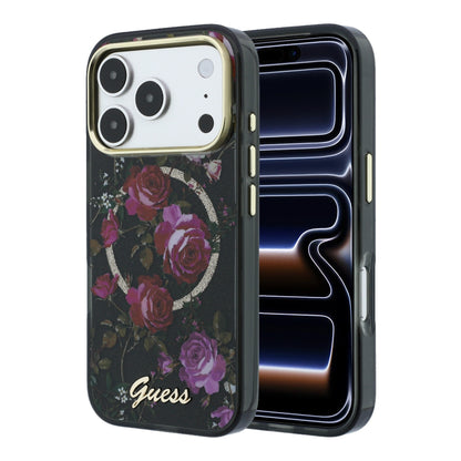 iPhone 18 Pro Kılıf Guess Orijinal Lisanslı M-safe Şarj Özellikli Gül Desenli Simli Yazı Logolu Kılıf