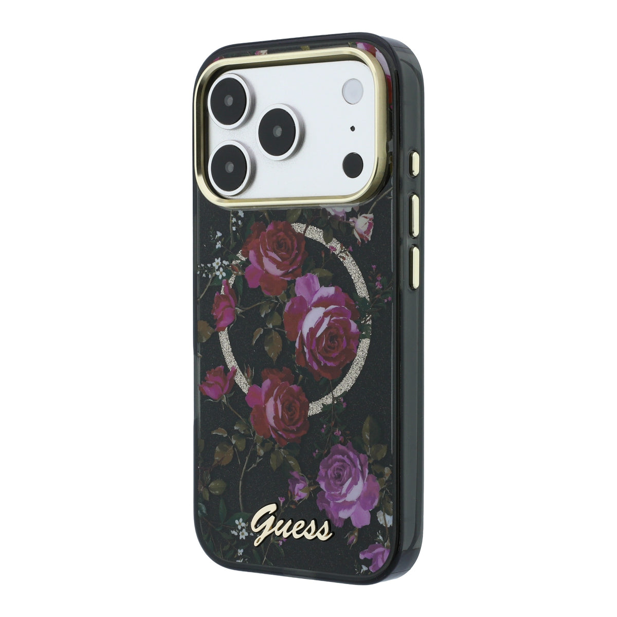 iPhone 18 Pro Kılıf Guess Orijinal Lisanslı M-safe Şarj Özellikli Gül Desenli Simli Yazı Logolu Kılıf
